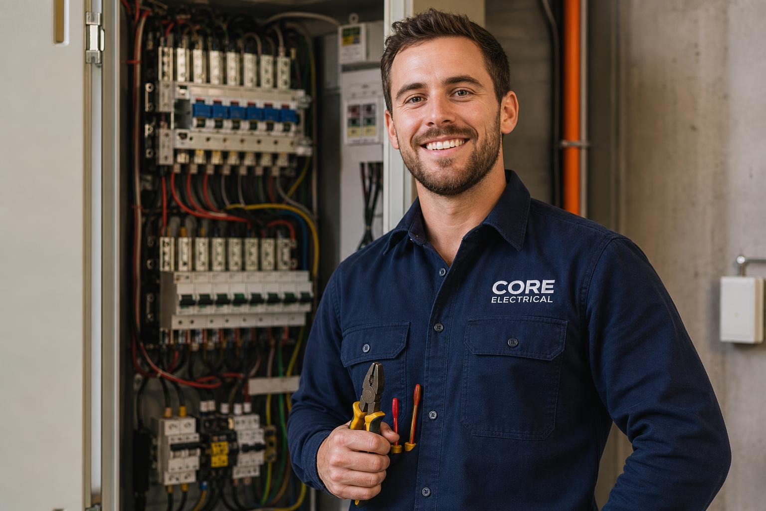 Core Electrical Services master electrician in branded shirt at an open service panel